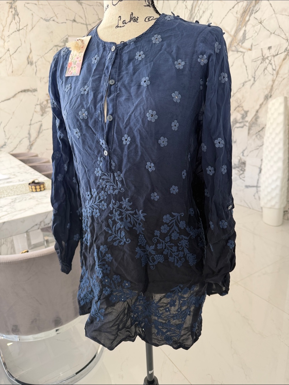 Johnny was Women's Navy Embroidered Long Sleeve shirt